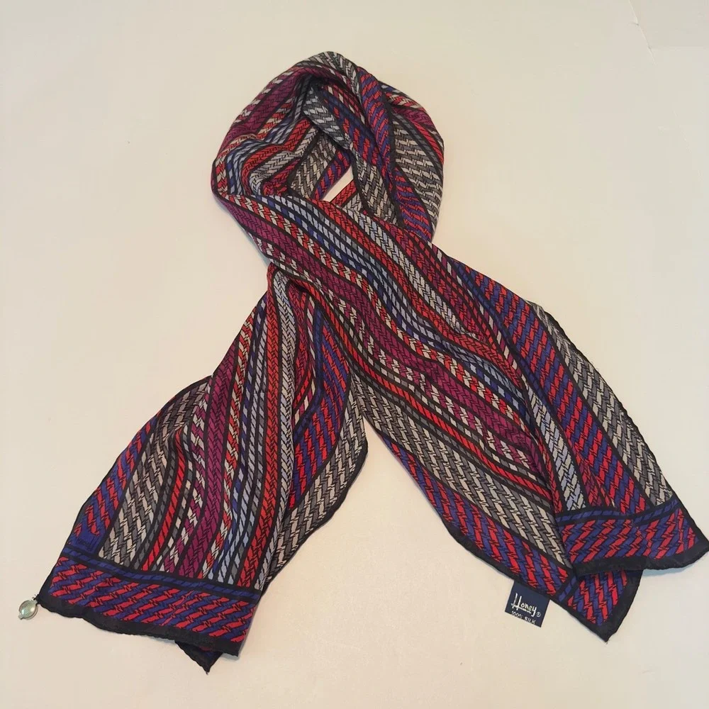 Honey Vintage 100% Silk Scarf Made in Japan Red Blue Chevron Stripe Oblong L 52